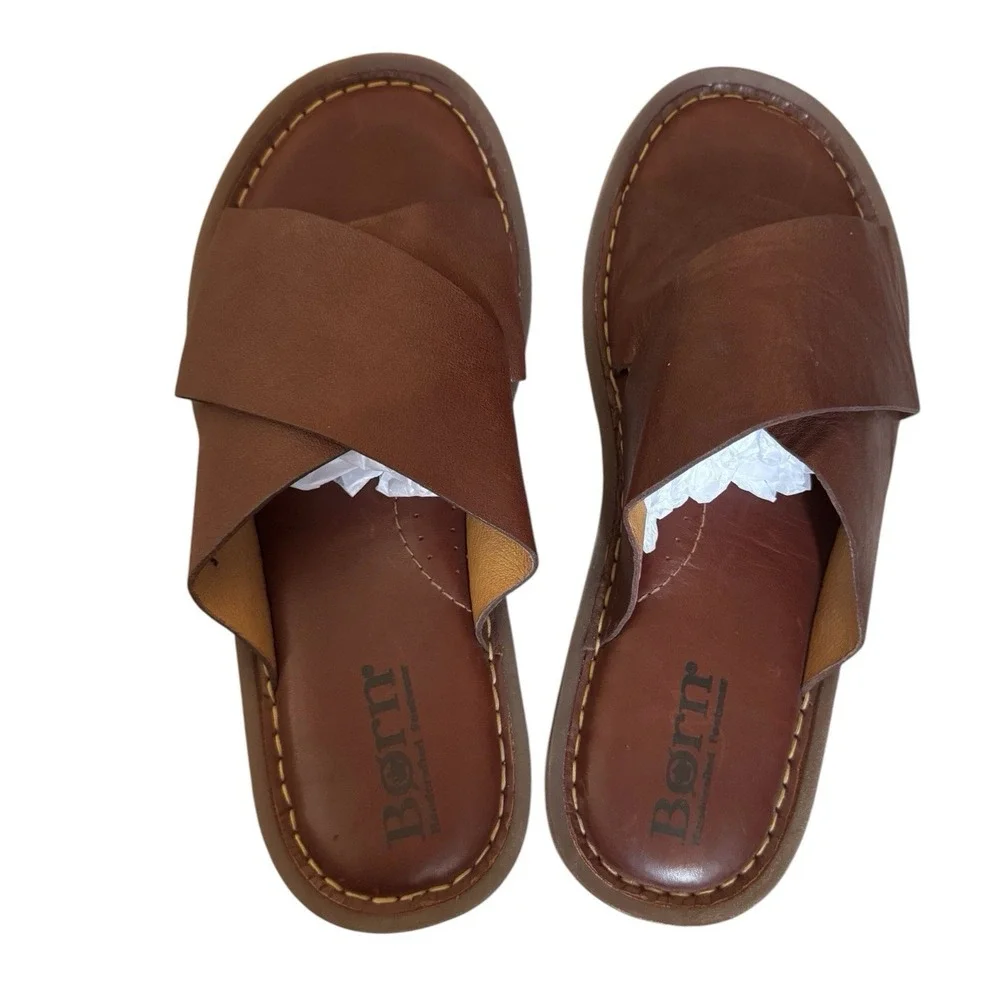 Born Miles Brown Leather Criss Cross Open Toe Sandal Slide Men's Size 10